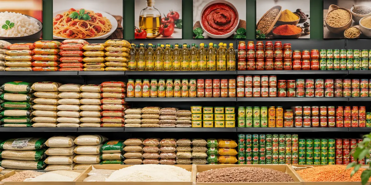 Groceries on supermarket shelves